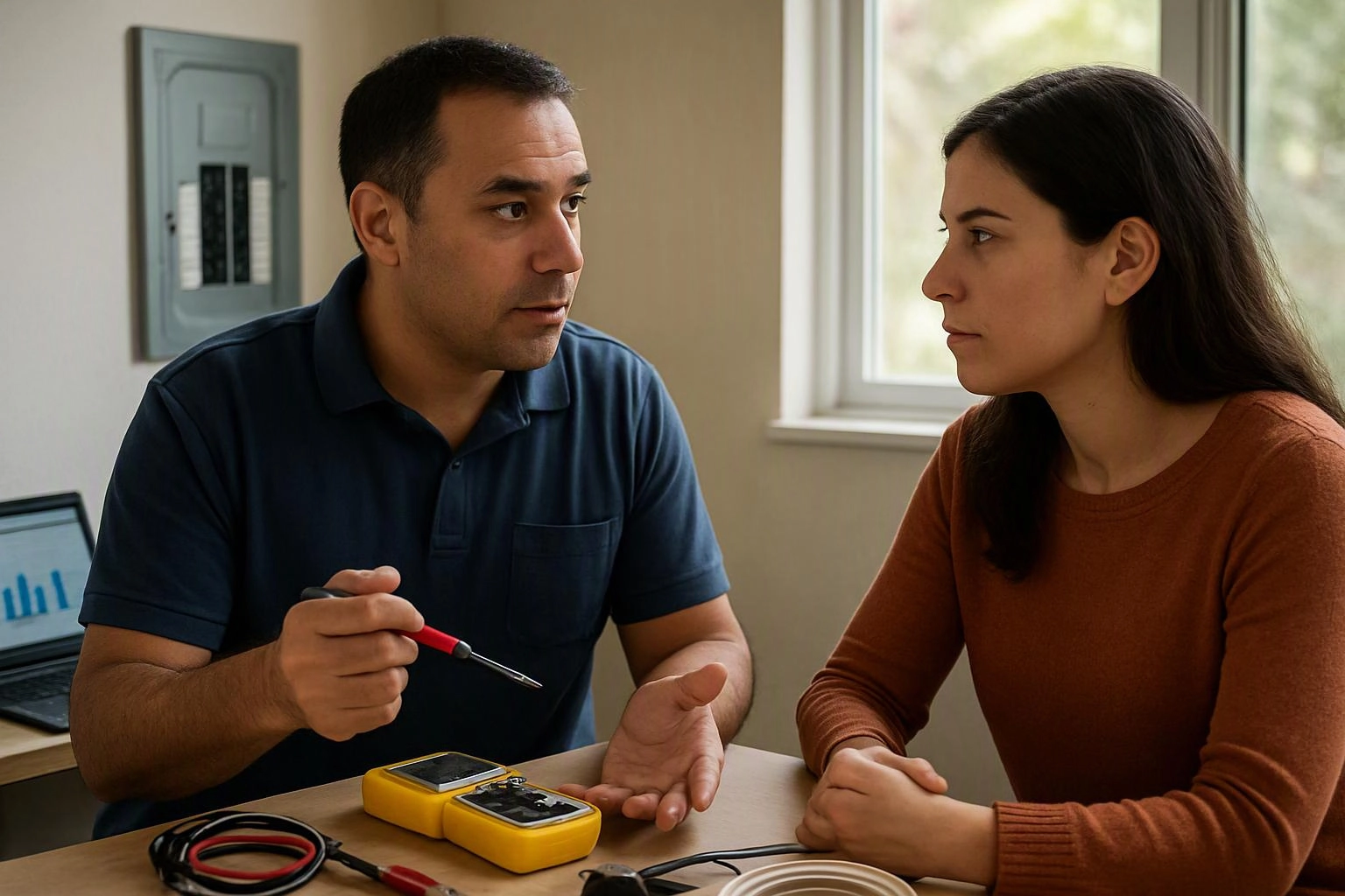 Two people sit at a table, discussing a yellow test device and cables in a bright room