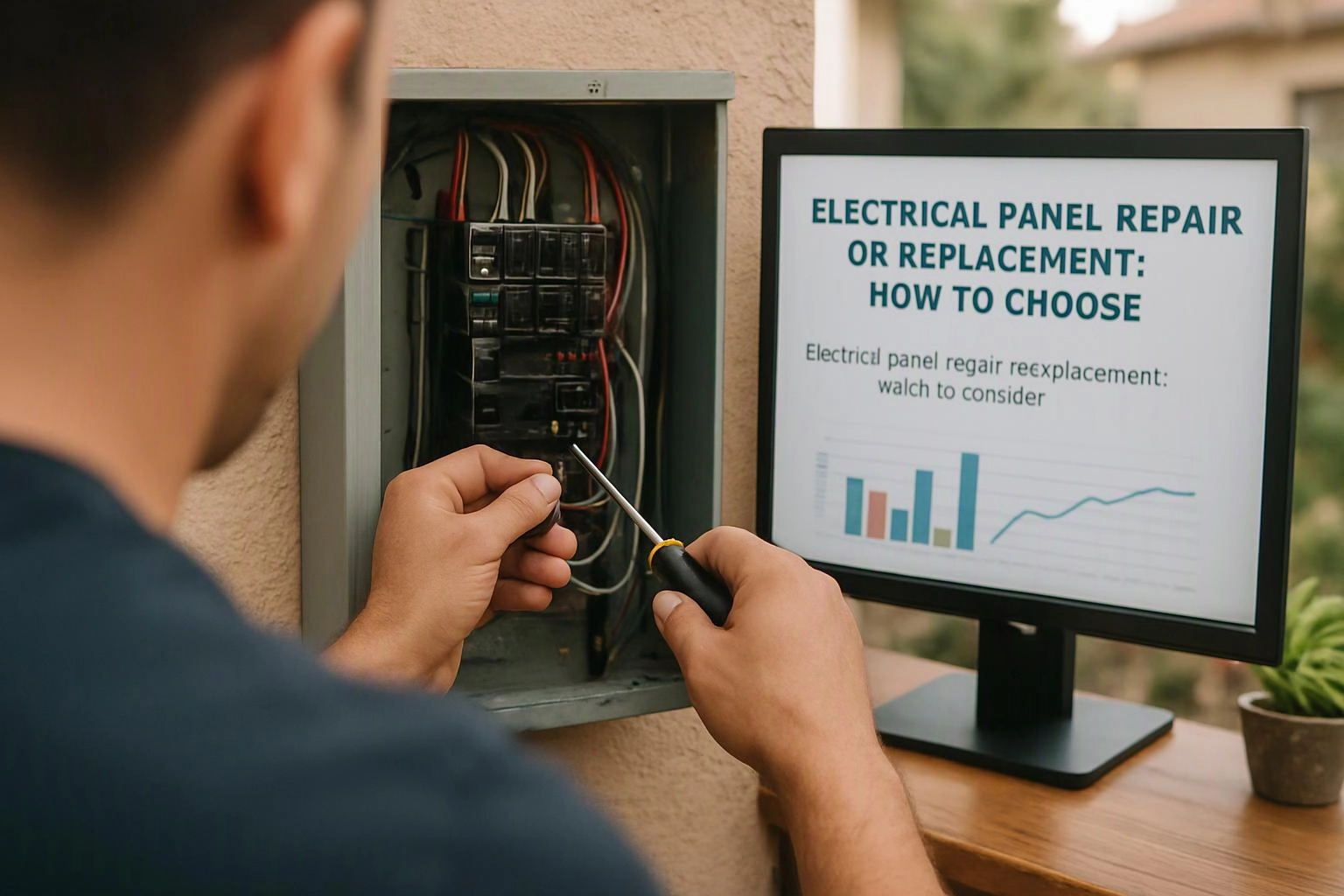 A person repairs an open electrical panel beside a monitor showing repair advice and charts