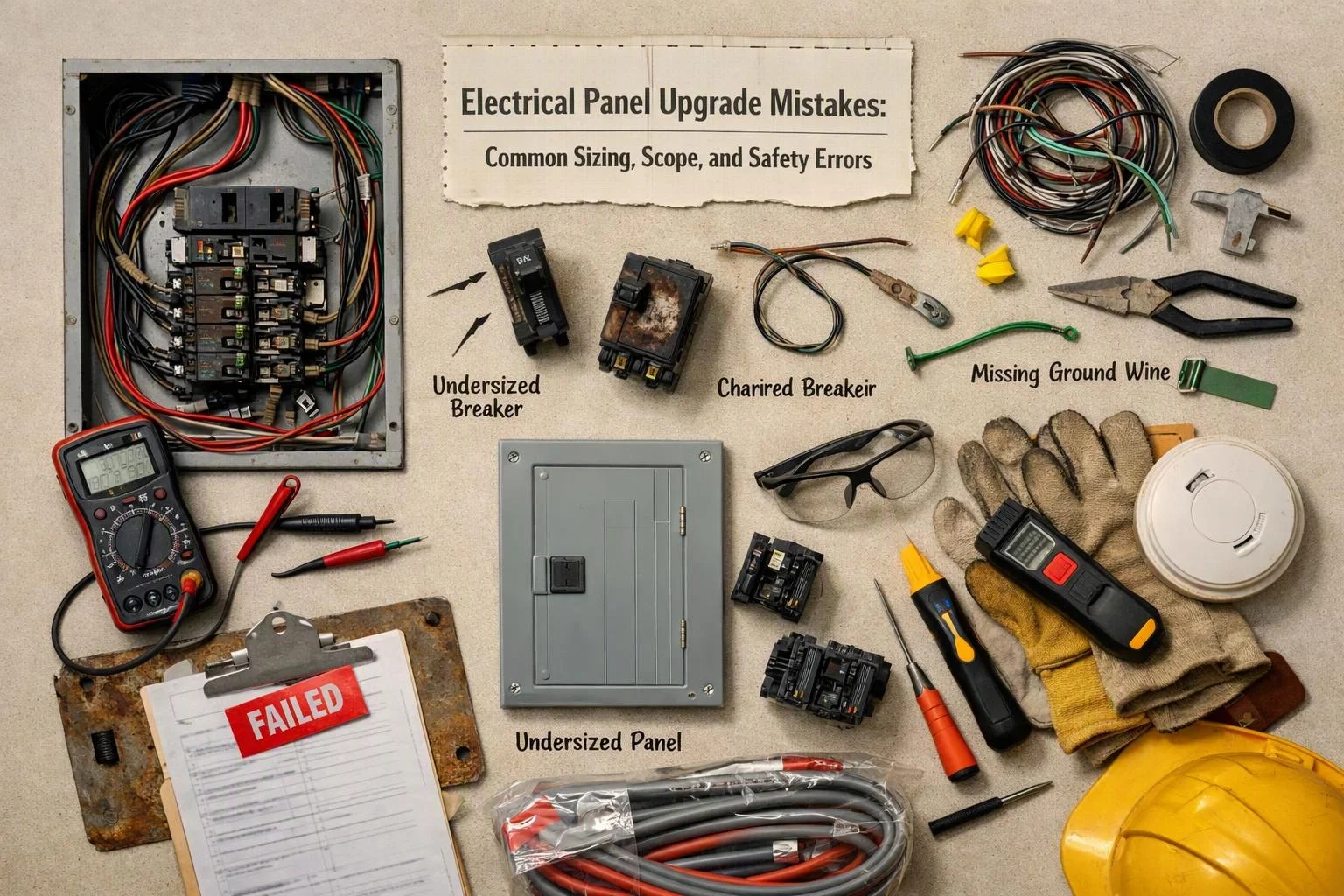 Aerial top-down flat-lay photograph of a clear visual metaphor illustrating what "Electrical Panel Upgrade Mistakes