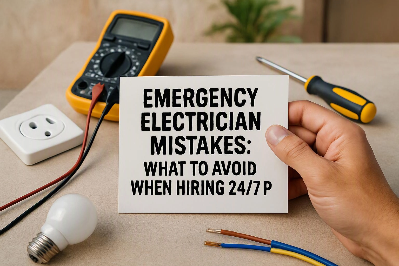 A hand holds a card reading “EMERGENCY ELECTRICIAN MISTAKES,” with tools and wiring arranged on a tabletop