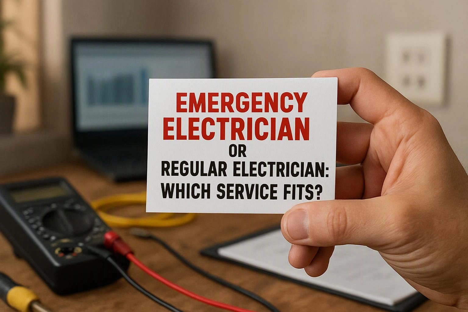 A hand holds a card about emergency electrician services above a desk with test equipment and a laptop
