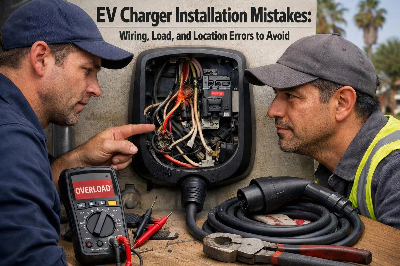 Two electricians inspect a burnt EV charger box with exposed wiring and tools on a workbench outdoors