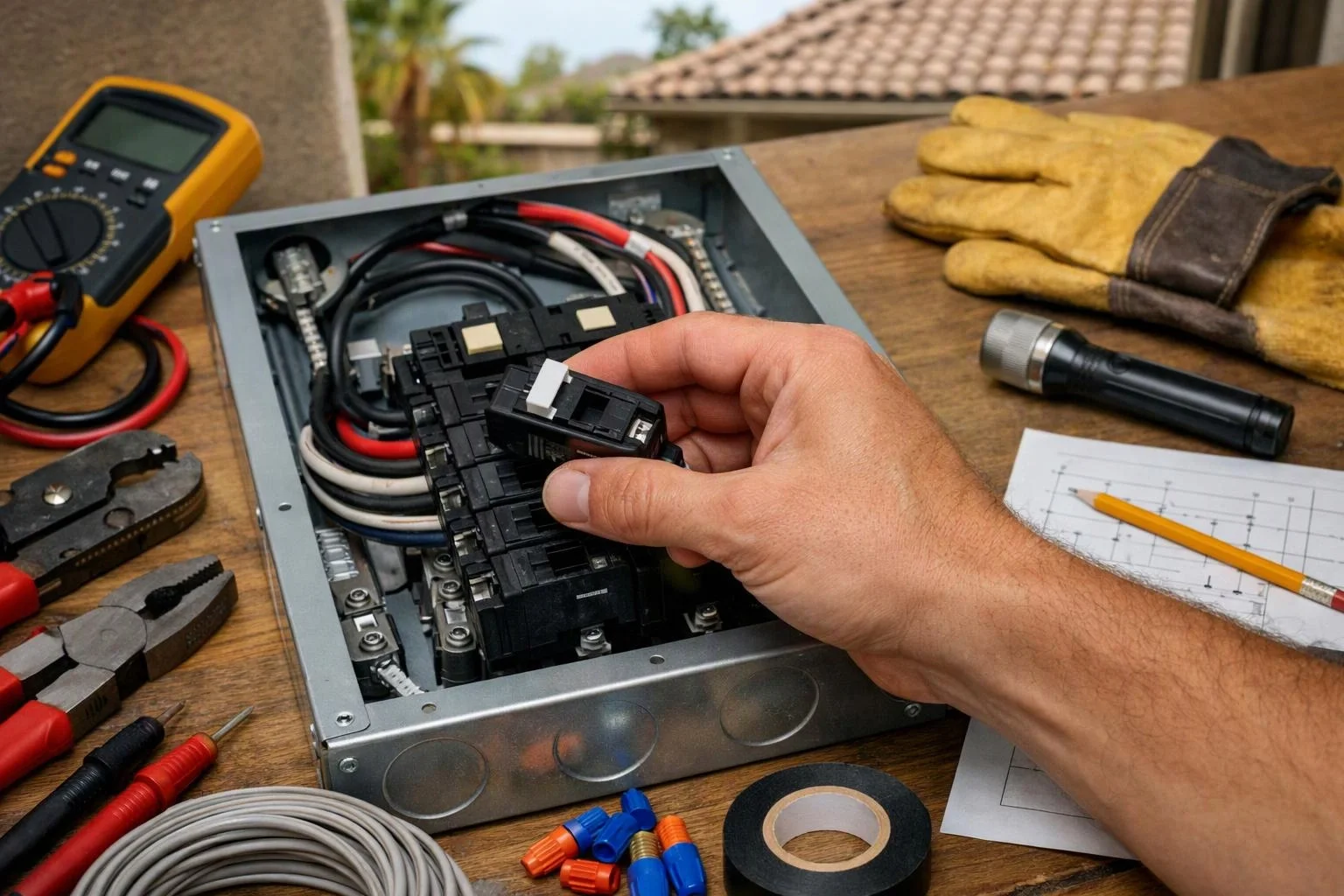 A hand installs an electrical breaker inside an open metal panel on a workbench with tools and wiring
