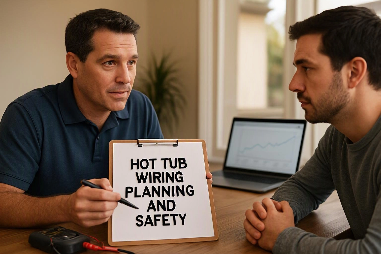 Two-person consultation photograph showing macro photograph of a physical artifact or interface element central to "Hot Tub Wiring Planning and Safety"