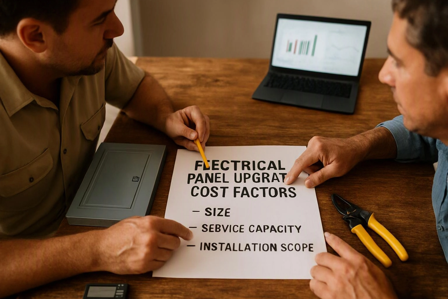 Two men point at a printed sheet about electrical panel upgrade cost factors on a wooden table
