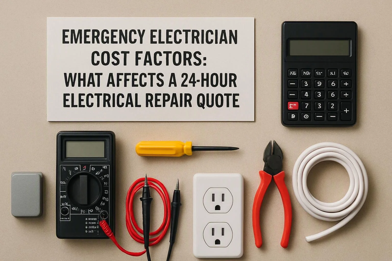 Aerial top-down flat-lay photograph of overhead flat-lay of items that represent "Emergency Electrician Cost Factors