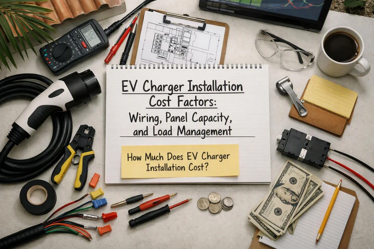 A flat lay shows EV charging tools, wiring supplies, money, and a clipboard with cost factor notes