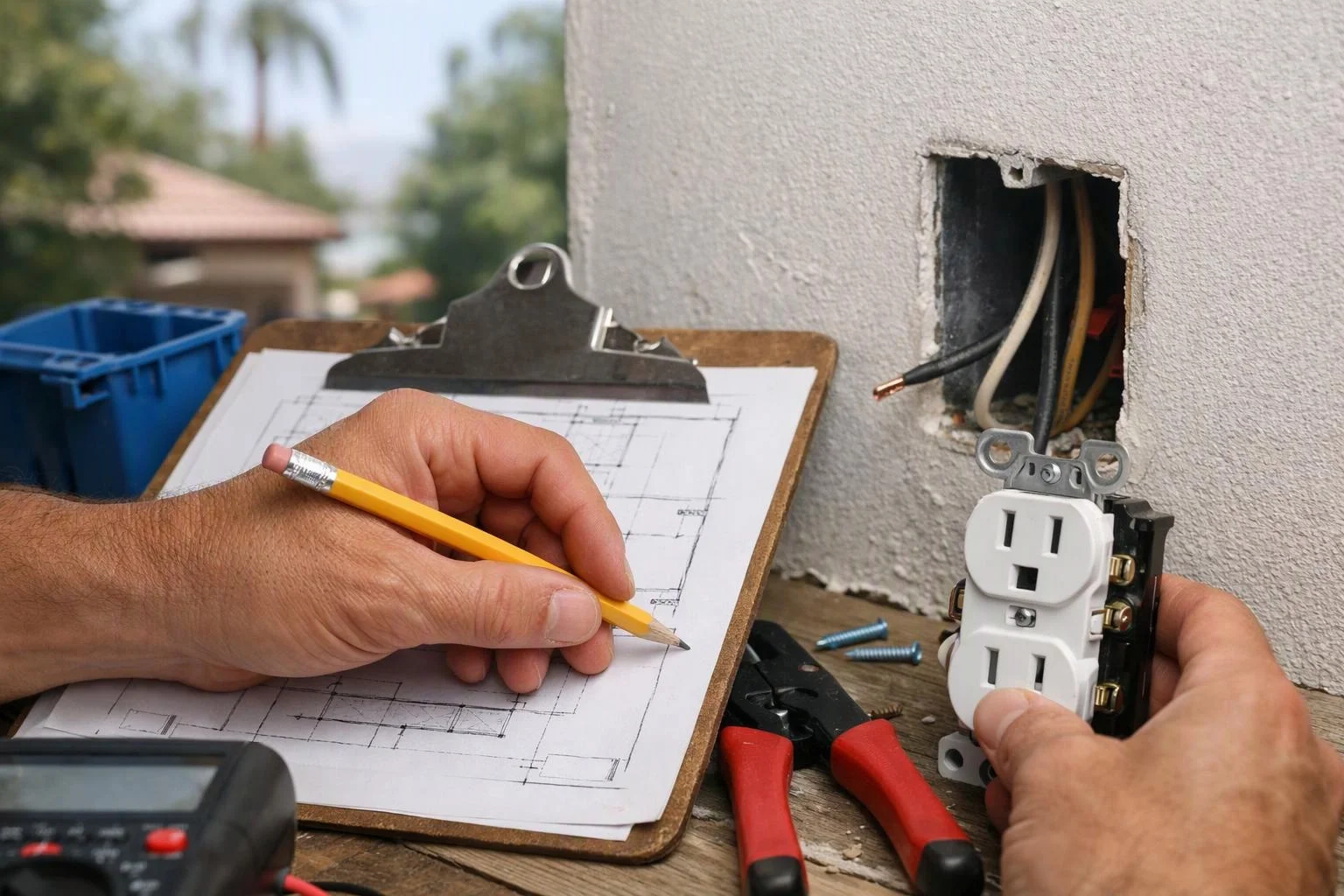 Hands install a wall outlet beside exposed wires while marking a floor plan on a clipboard