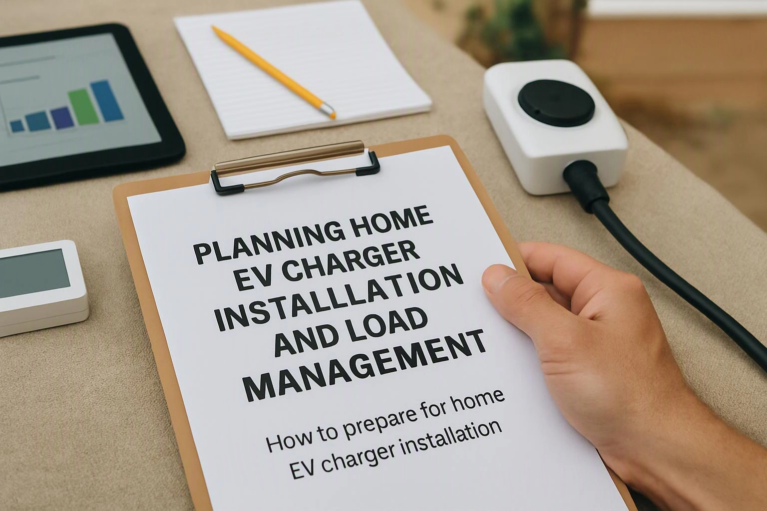 A hand holds a clipboard showing EV charger installation planning beside a tablet, notebook, pencil, and charger device