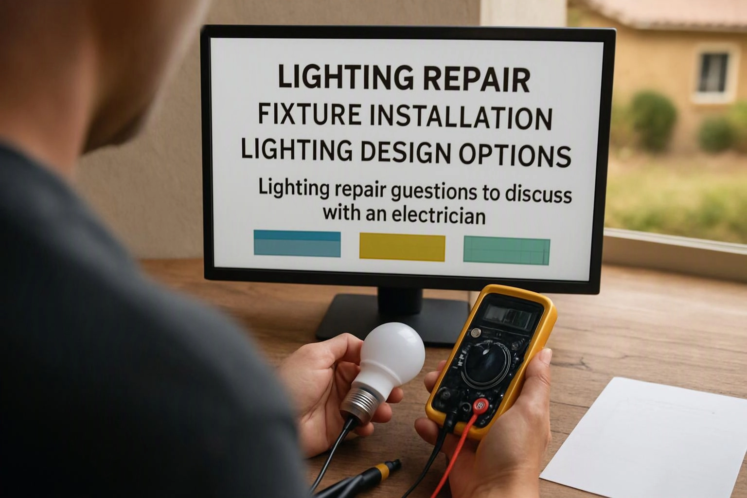 A person tests a light bulb with a multimeter beside a monitor showing lighting repair text