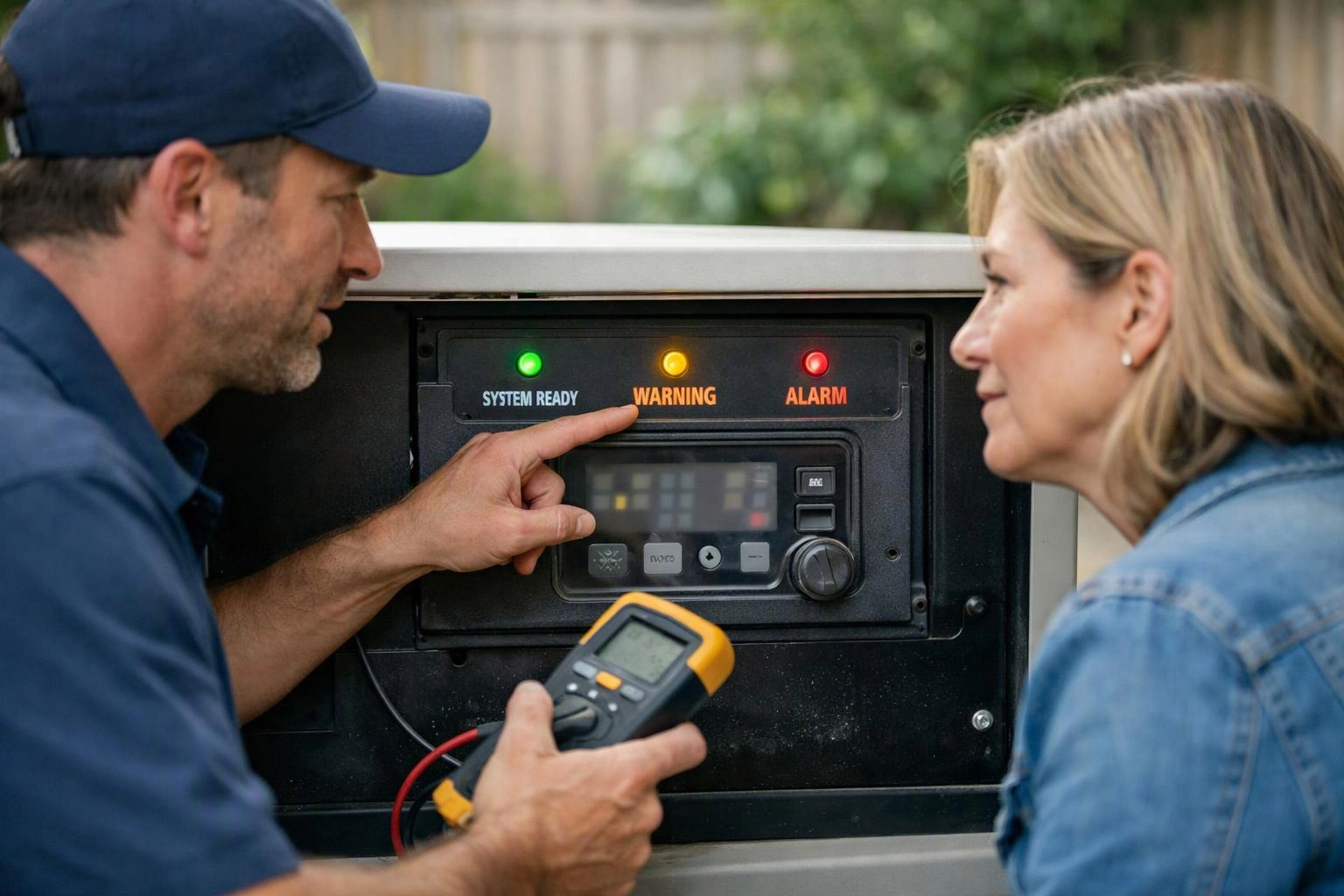 Two-person consultation photograph showing macro photograph of a physical artifact or interface element central to "Backup Generator Repair and Home Backup Planning"