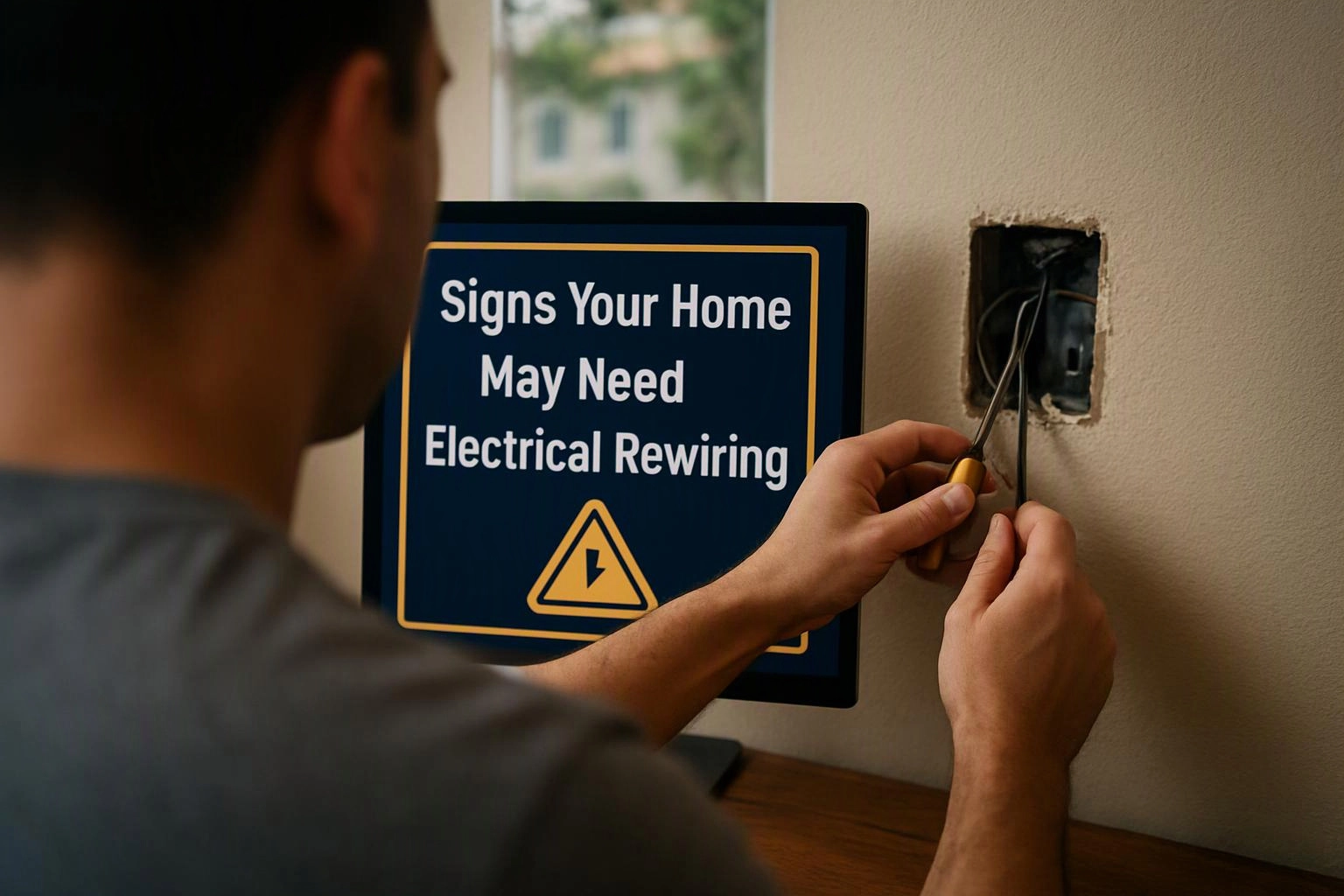 A person wires an open wall outlet beside a monitor showing a warning about electrical rewiring