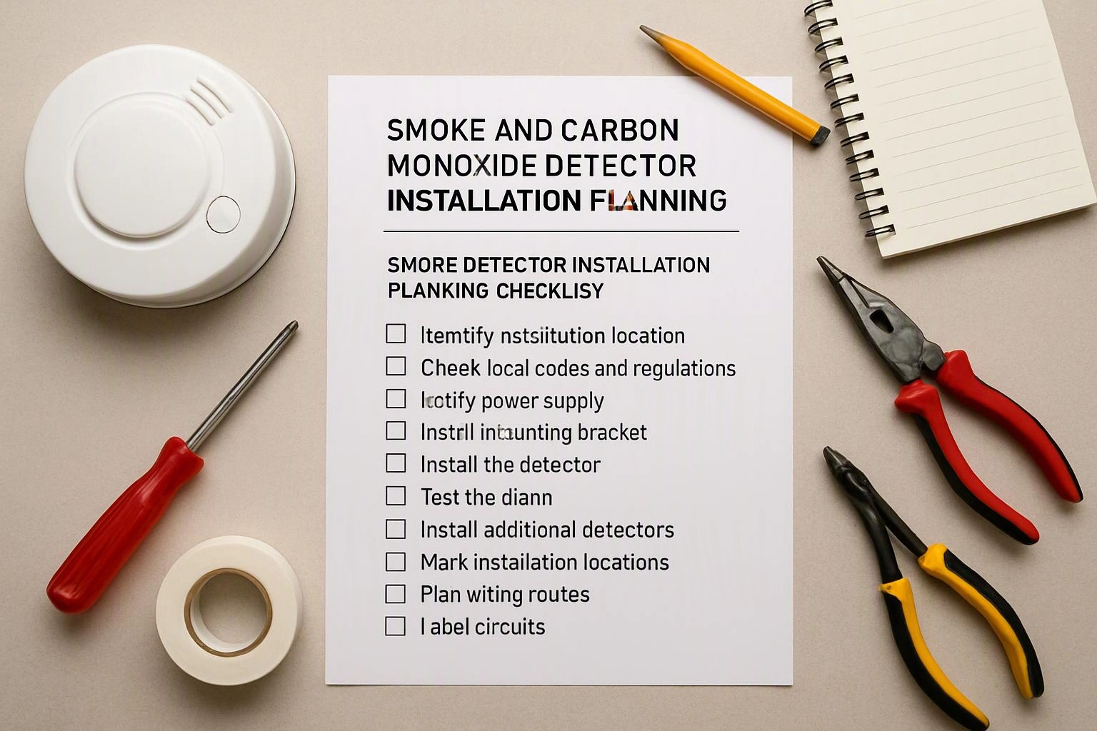 A checklist for smoke and carbon monoxide detector installation sits beside tools, tape, a notebook, and a detector on a desk