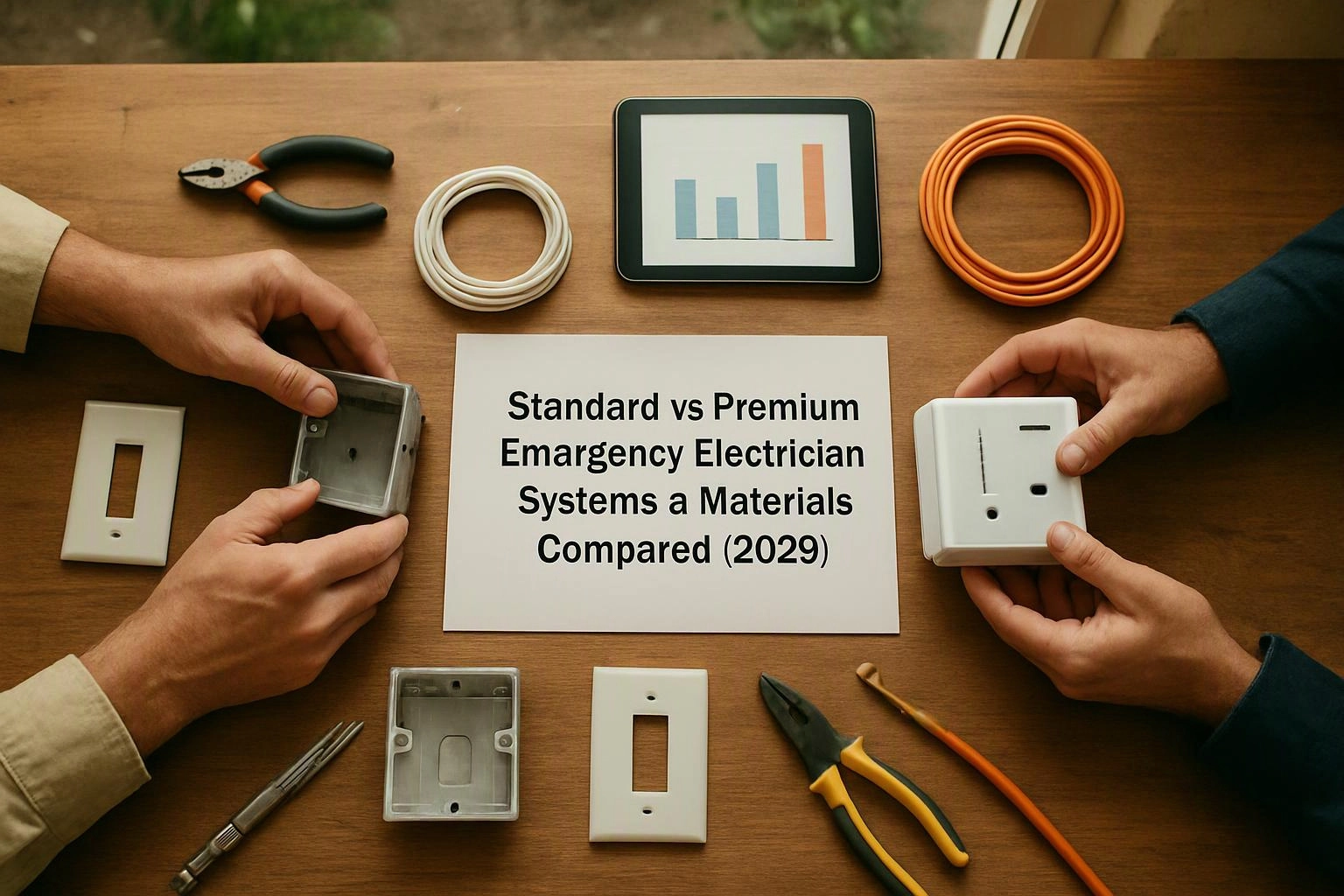 Two hands hold electrical parts around a paper chart on a wooden table, with tools and coiled wires nearby