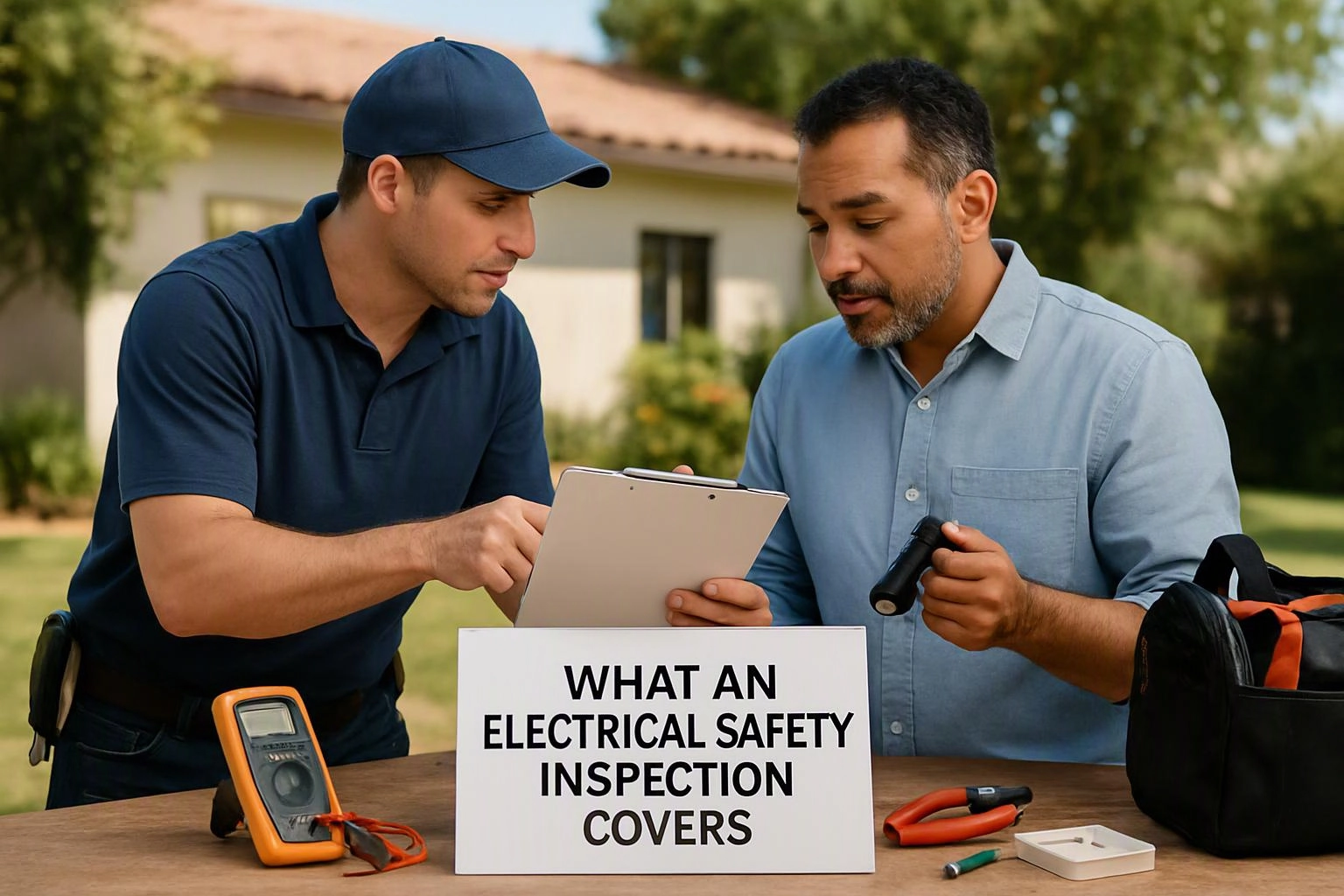 Advertising-grade tabletop still life photograph of a clear visual metaphor illustrating what "What an Electrical Safety Inspection Covers" means for 24 Hour