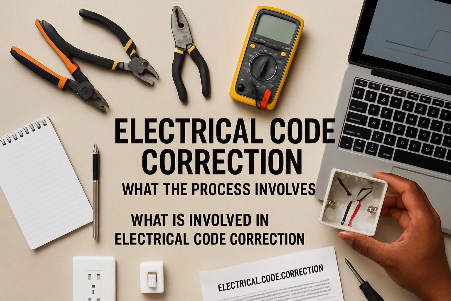 Aerial top-down flat-lay photograph of wide establishing view of a setting where "Electrical Code Correction