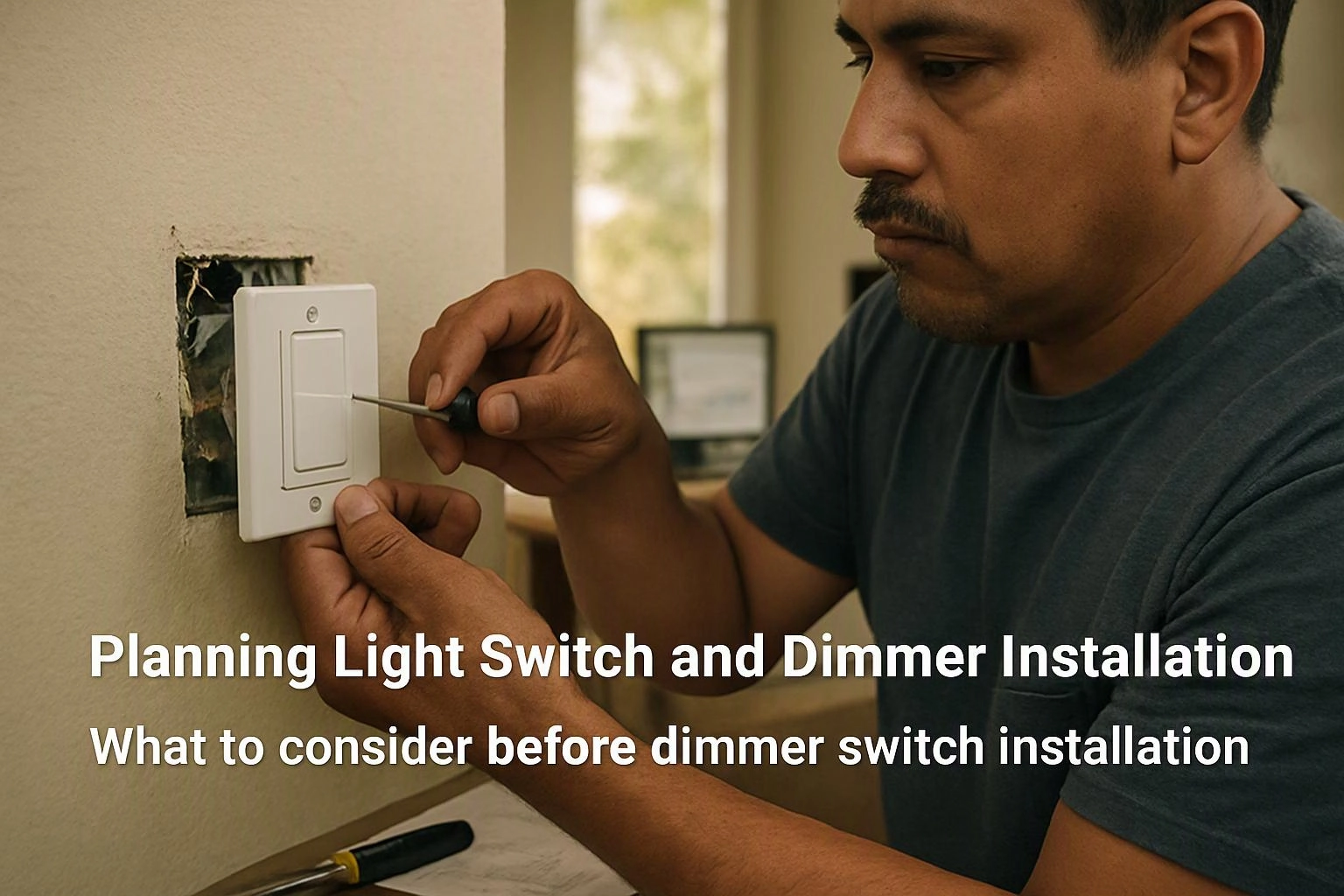 Documentary candid photograph capturing an unposed work-in-progress moment of a clear visual metaphor illustrating what "Planning Light Switch and Dimmer Installation" means