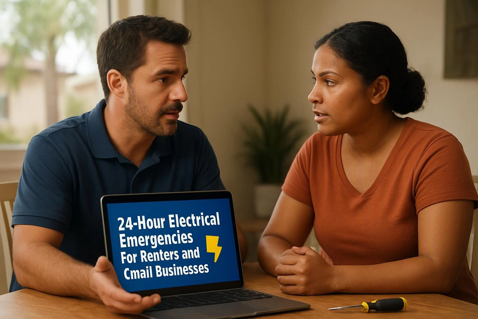 Two-person consultation photograph showing a clear visual metaphor illustrating what "24-Hour Electrical Emergencies for Renters and Small Businesses" means for 24 Hour