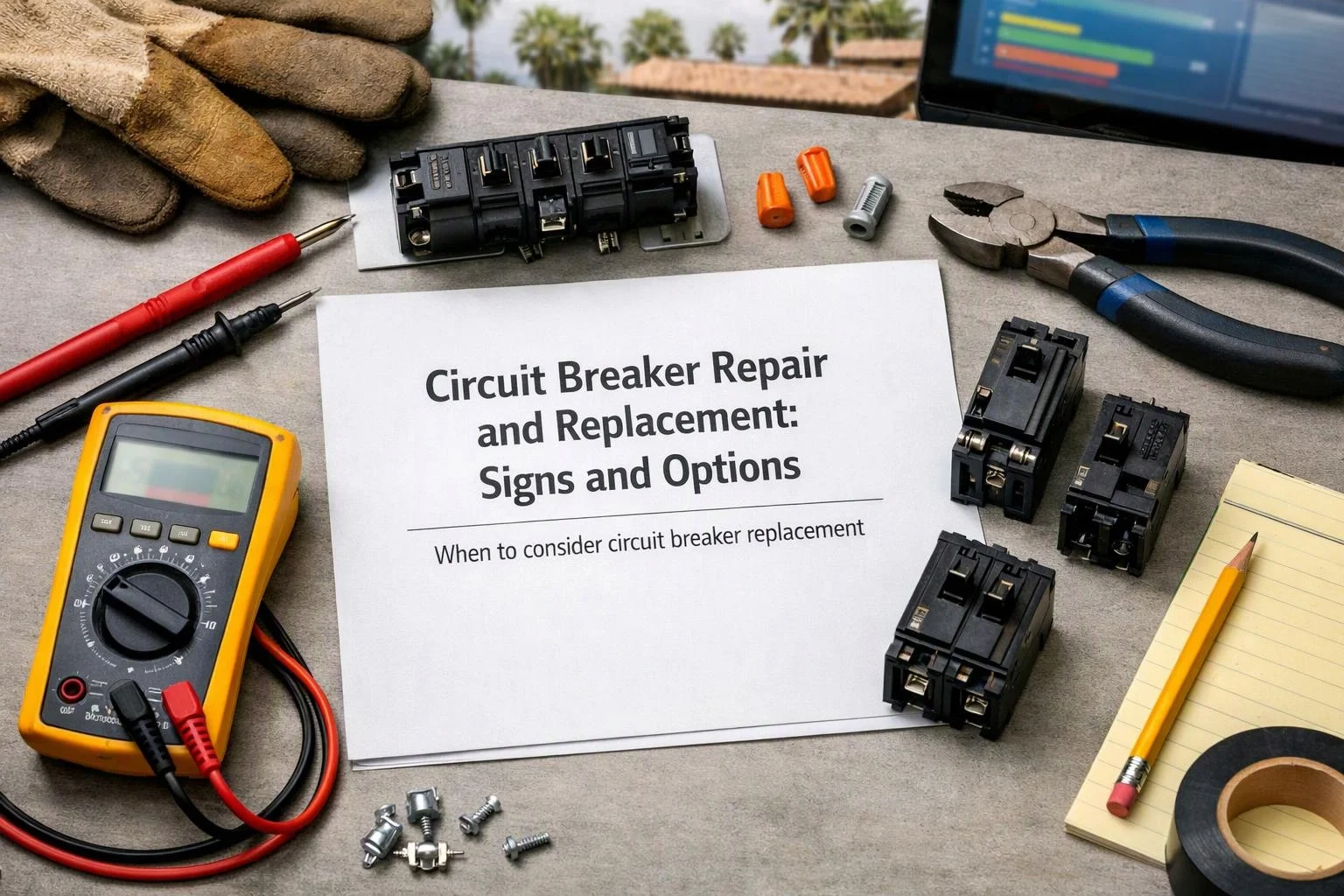 Aerial top-down flat-lay photograph of environmental still life in a real workspace where "Circuit Breaker Repair and Replacement