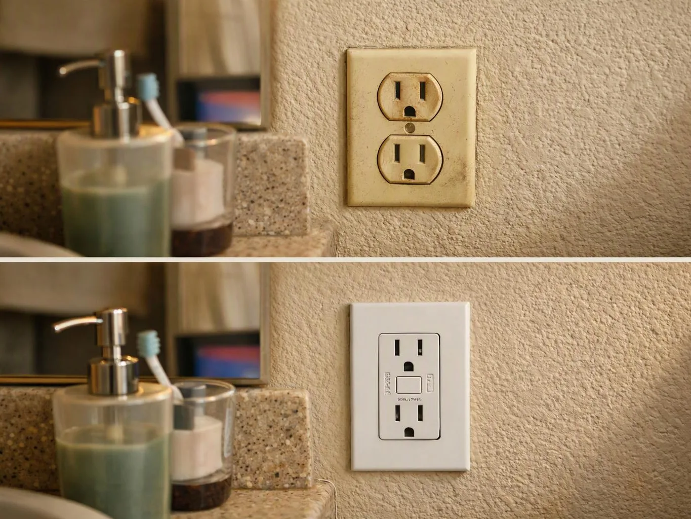 A bathroom wall outlet changes from an old beige cover to a clean white GFCI outlet beside a sink counter