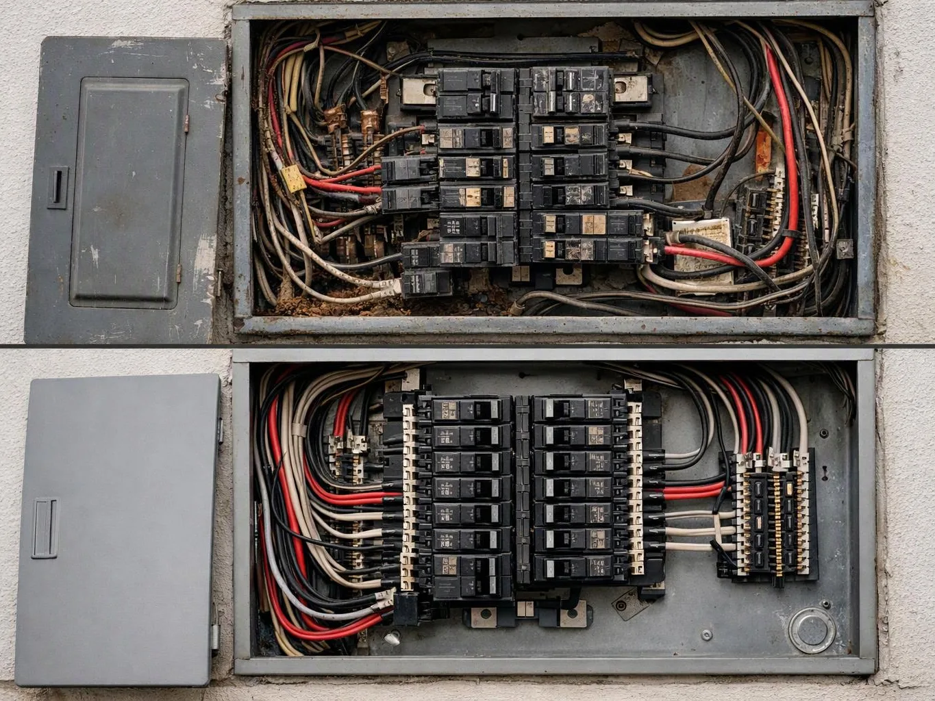 Before and after view of an electrical breaker panel, with messy old wiring above and neatly organized wiring below