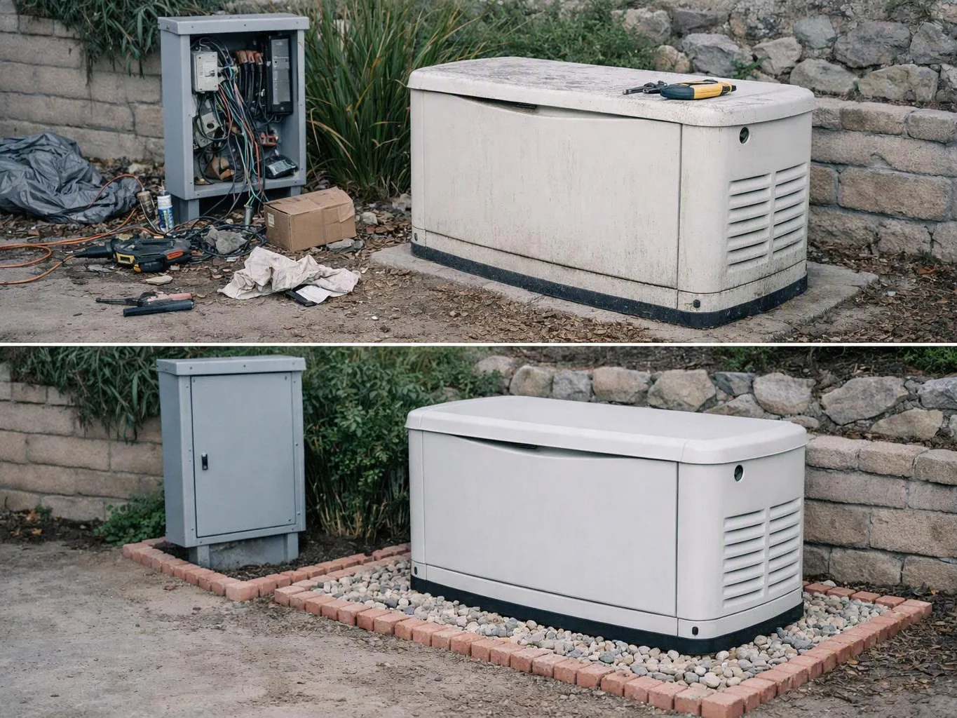 A before-and-after view shows a cluttered outdoor utility area being cleaned and landscaped