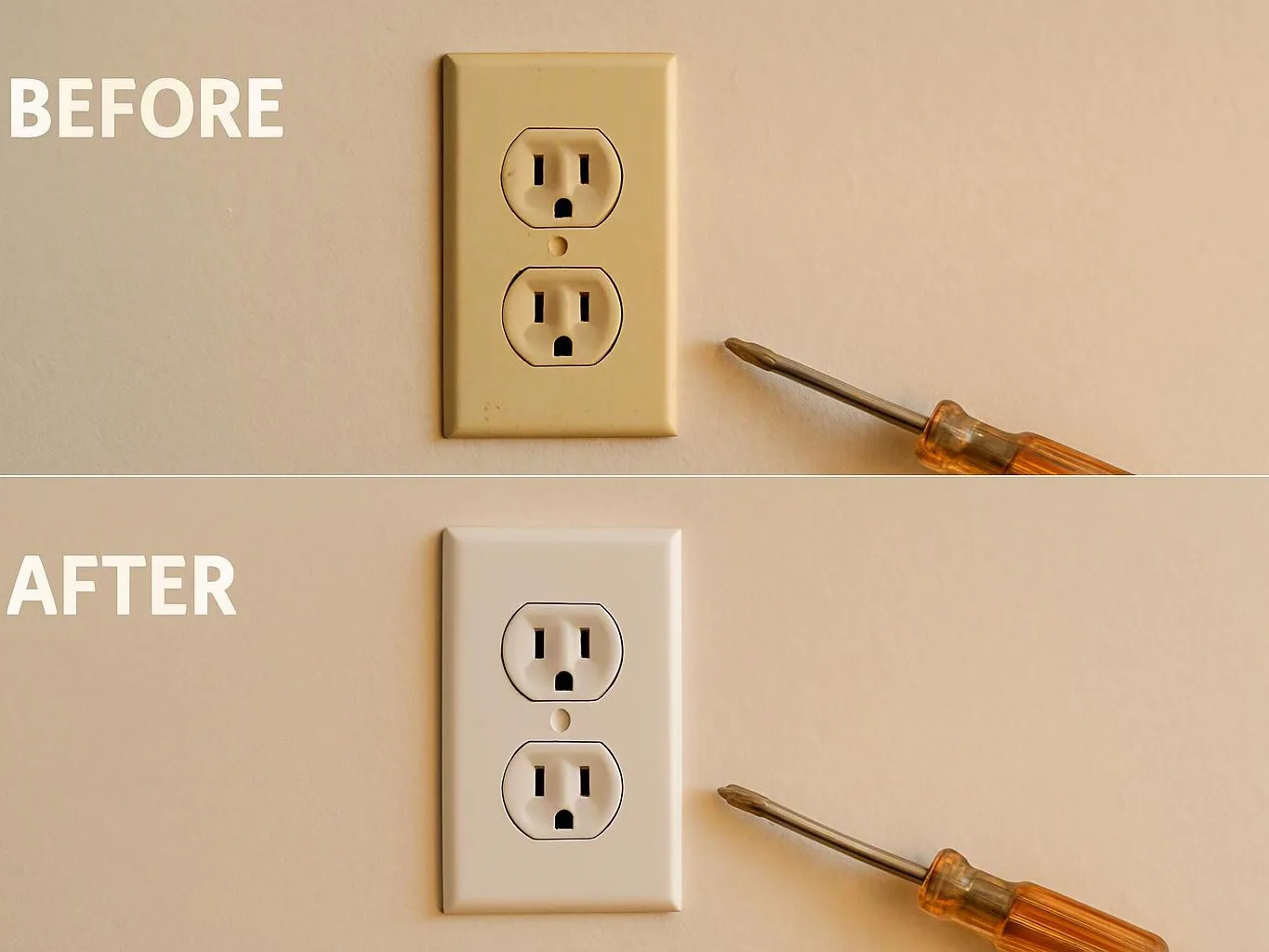Before and after view of a wall outlet plate, with a screwdriver beside it on a beige wall