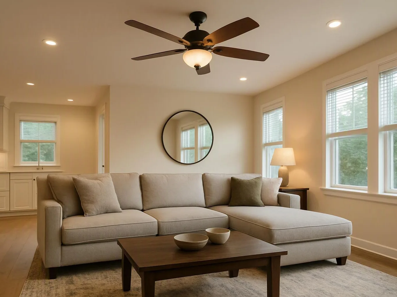 A beige living room with a sectional sofa, coffee table, ceiling fan, mirror, lamp, and bright windows