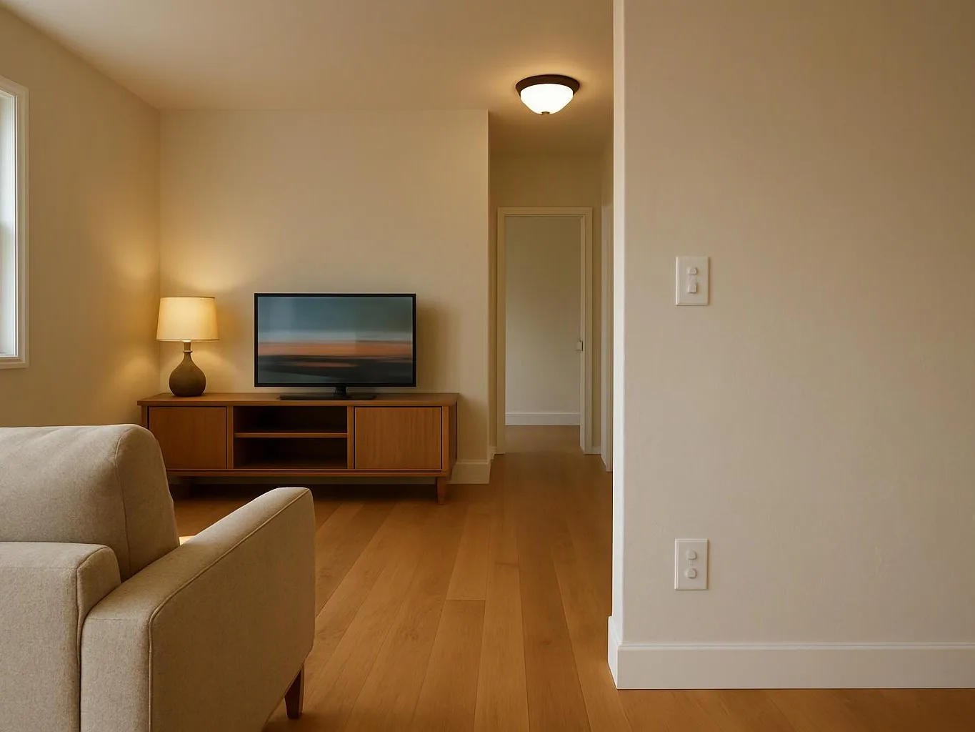 A beige living room shows a TV, lamp, wooden console, and a sofa beside a hallway opening
