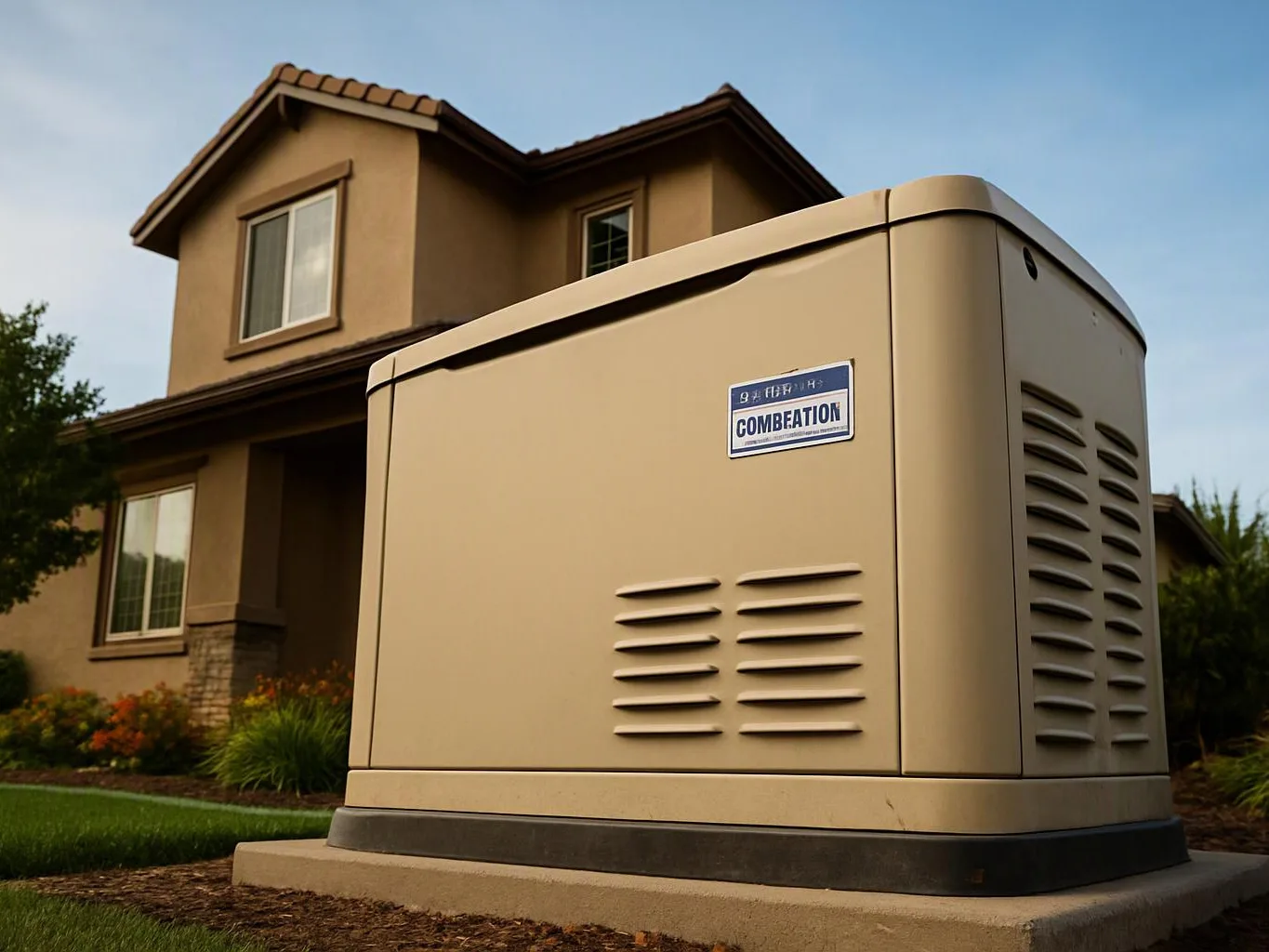 A beige outdoor generator stands in front of a suburban house under a clear sky