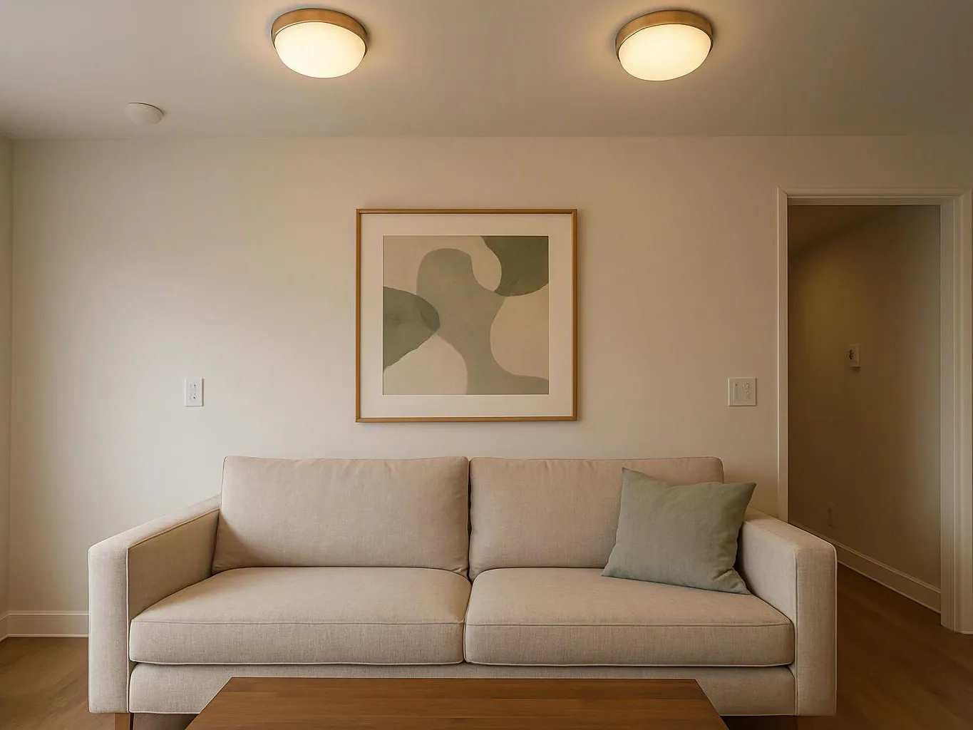 A beige sofa with a green pillow sits beneath abstract wall art in a bright room