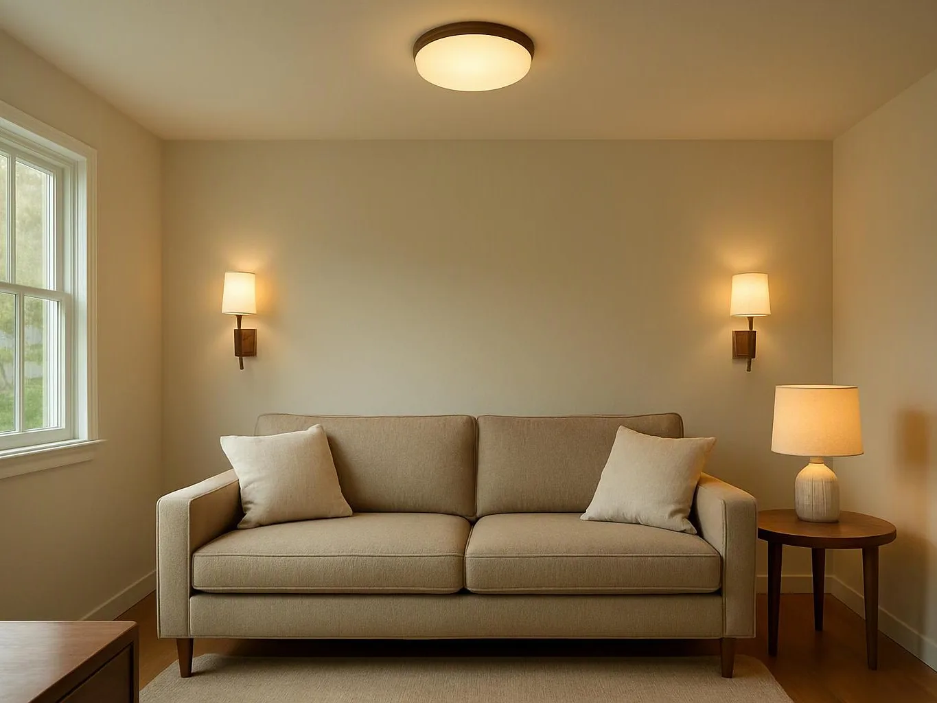 A beige sofa with pillows sits in a quiet living room beside a lit side table lamp and wall sconces