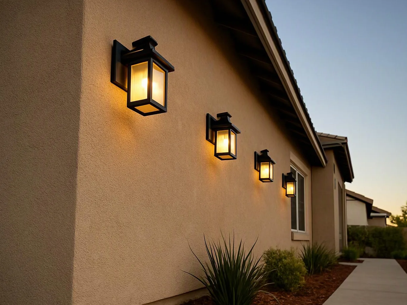 A beige stucco house wall with four glowing outdoor lanterns beside a walkway at dusk