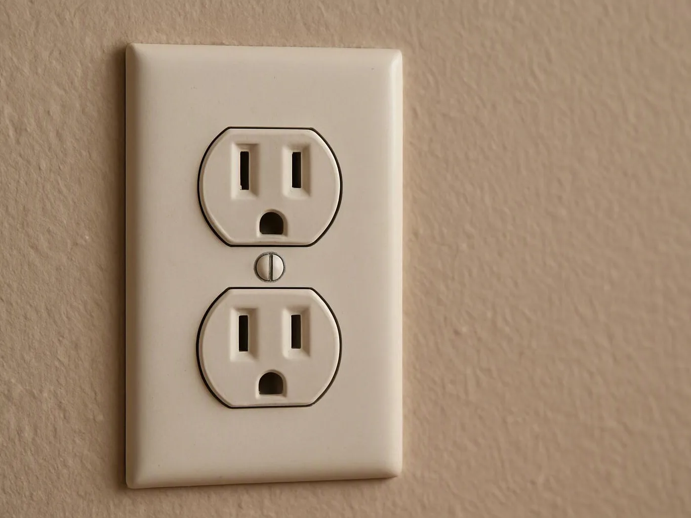 A beige wall outlet plate holds two empty electrical sockets on a textured wall