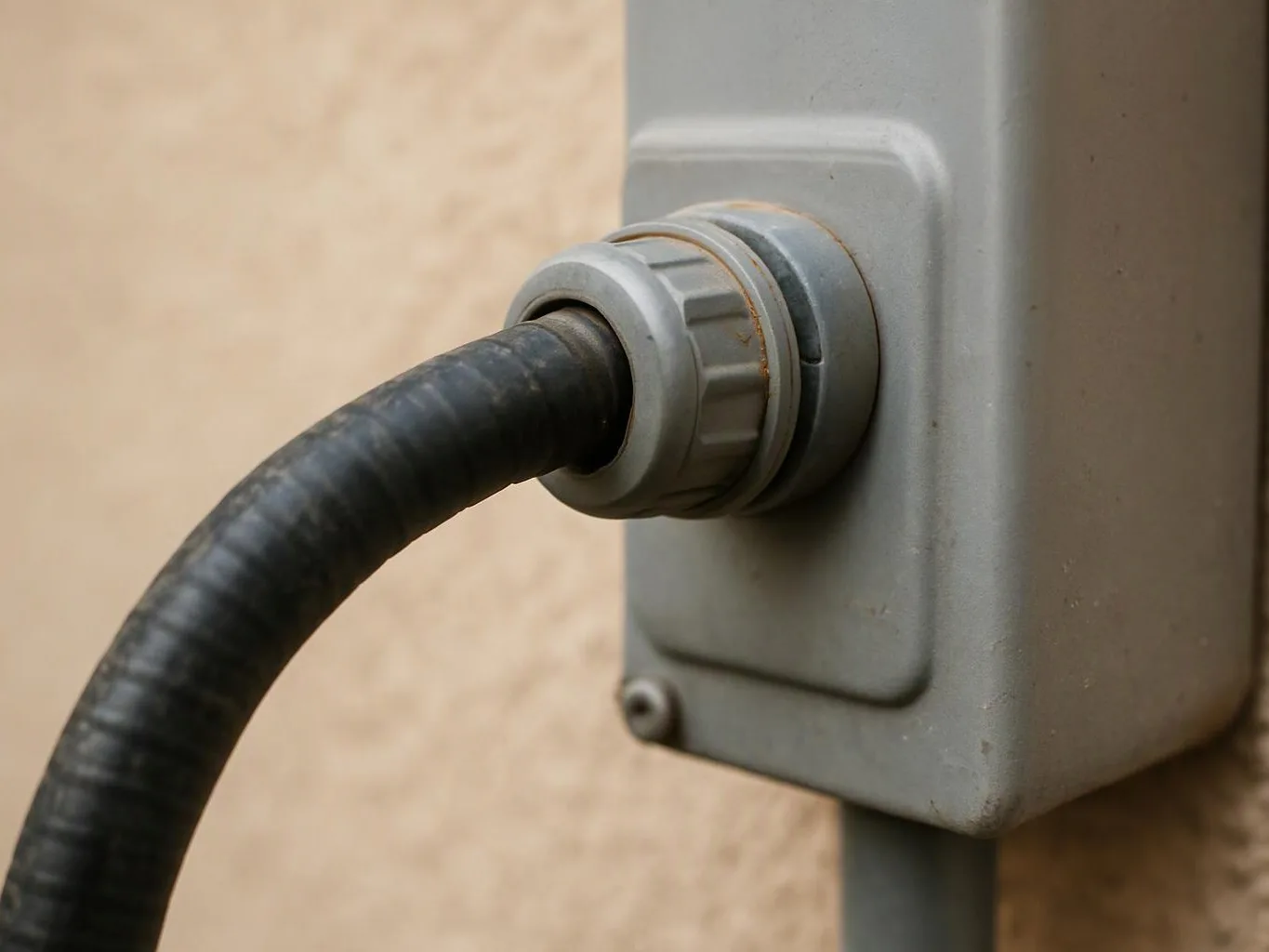 A black cable feeds into a gray electrical box mounted on a beige wall