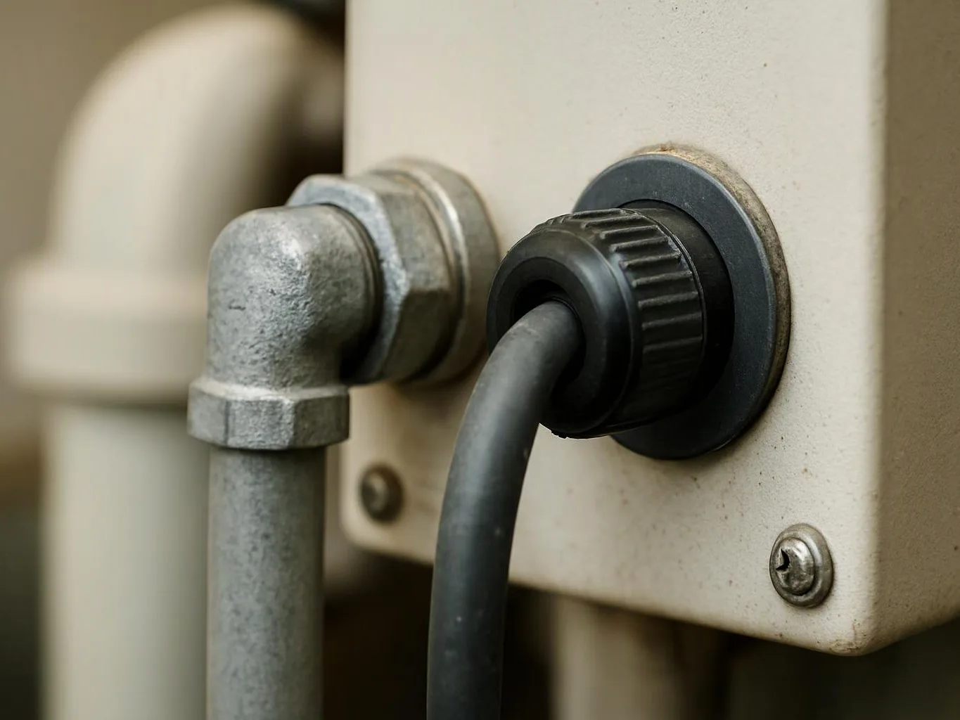 A black cable plugs into a beige electrical box beside a metal conduit elbow