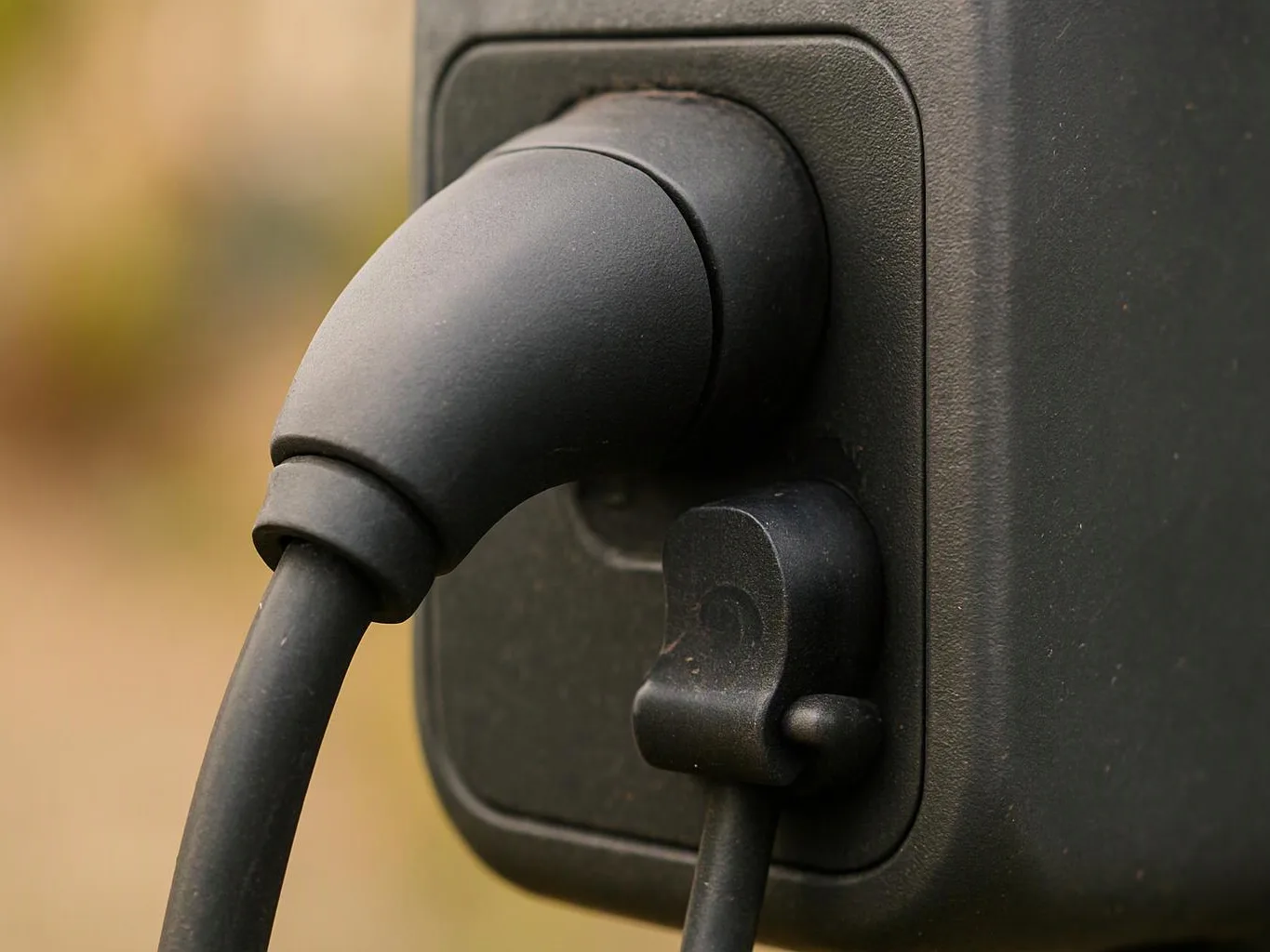 A black cable plugs into a dark outdoor electrical socket against a blurred background