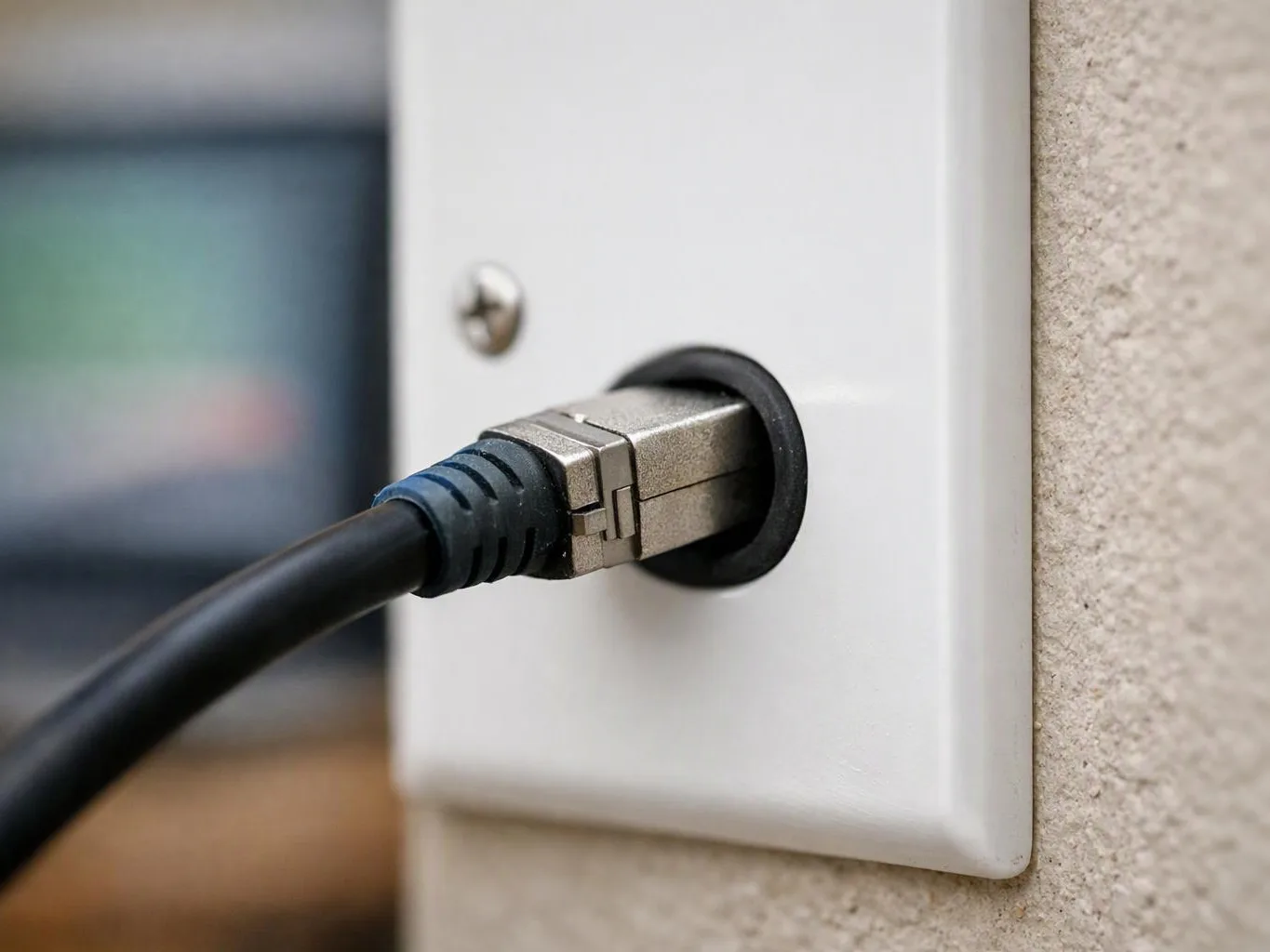 A black cable plugs into a wall plate through a black grommet near a textured wall