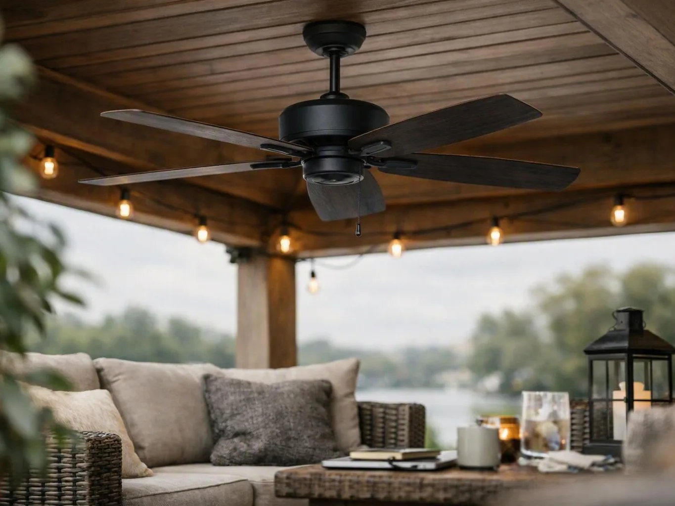 A black ceiling fan hangs above a cozy covered patio with string lights and wicker seating