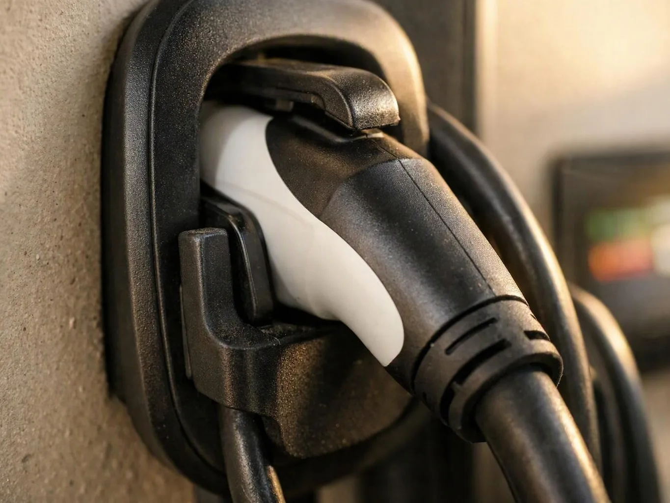 A black charging plug is inserted into a wall-mounted port against a beige surface