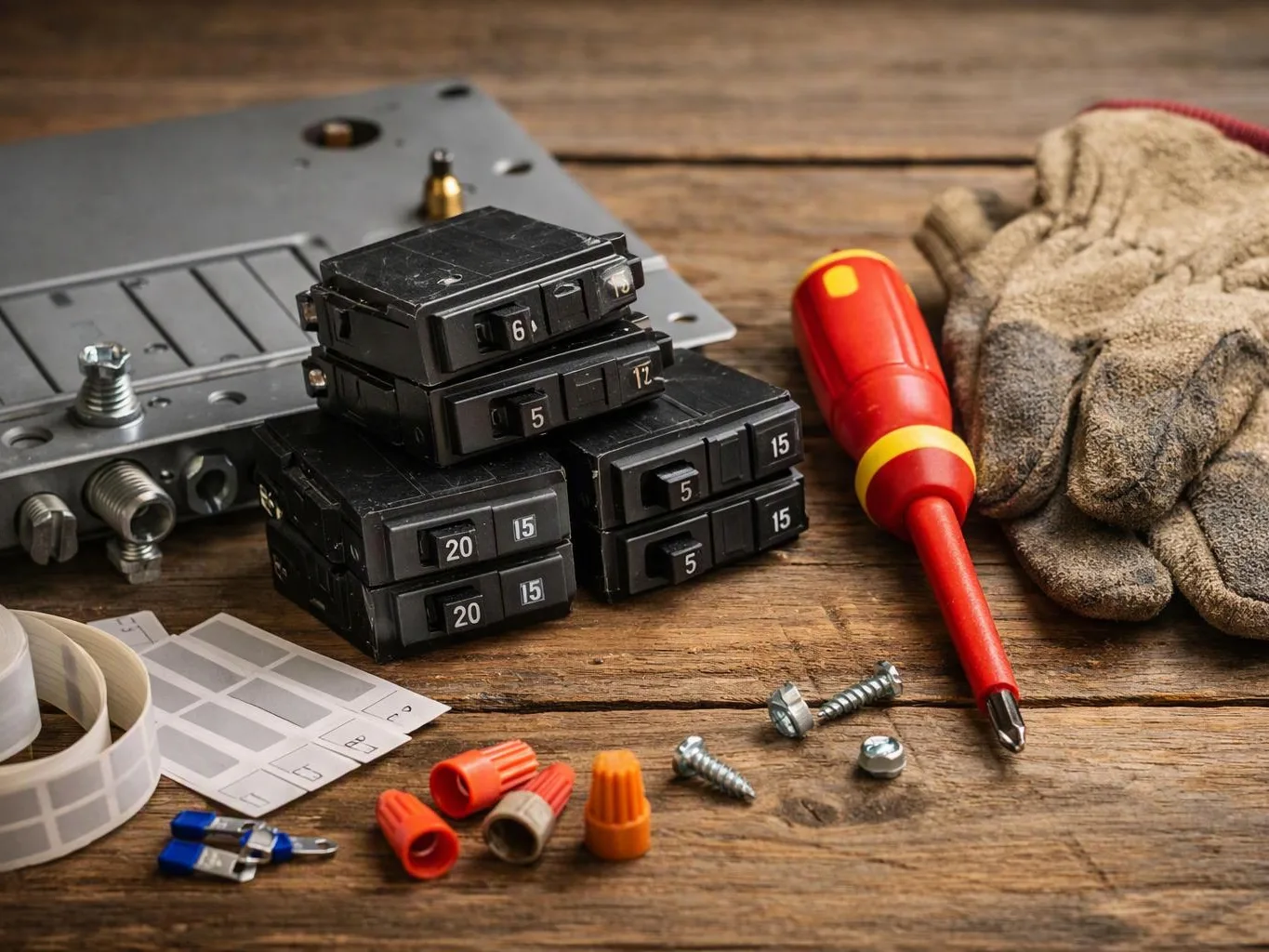Black circuit breakers, a red screwdriver, work gloves, screws, and small wire connectors sit on a wooden workbench