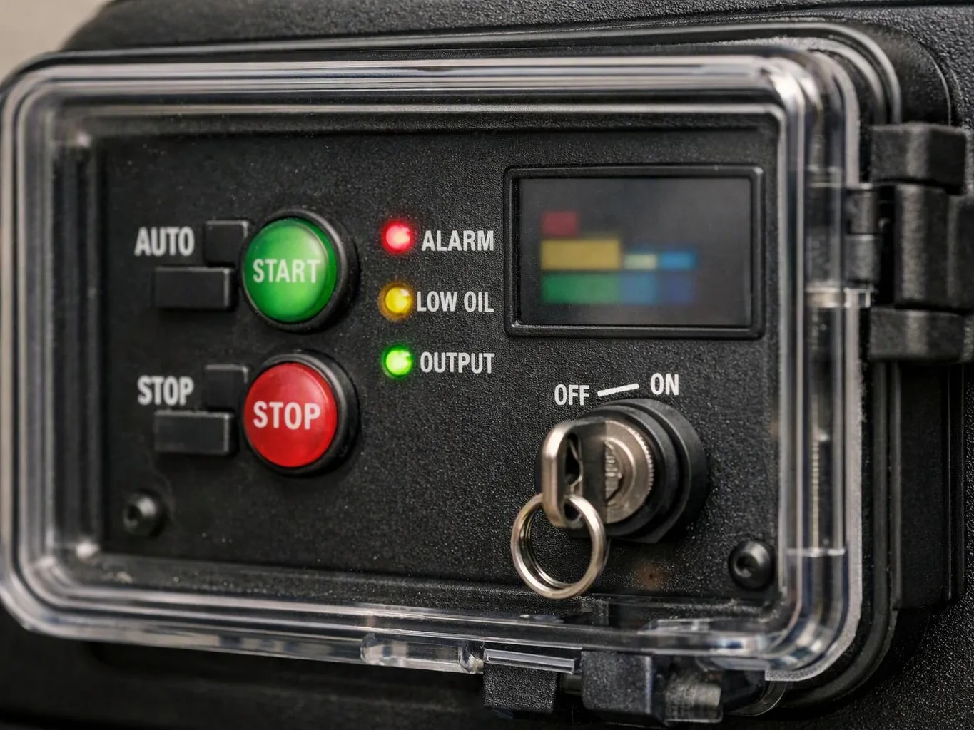 A black control panel shows green start and red stop buttons, status lights, a small display, and a key switch