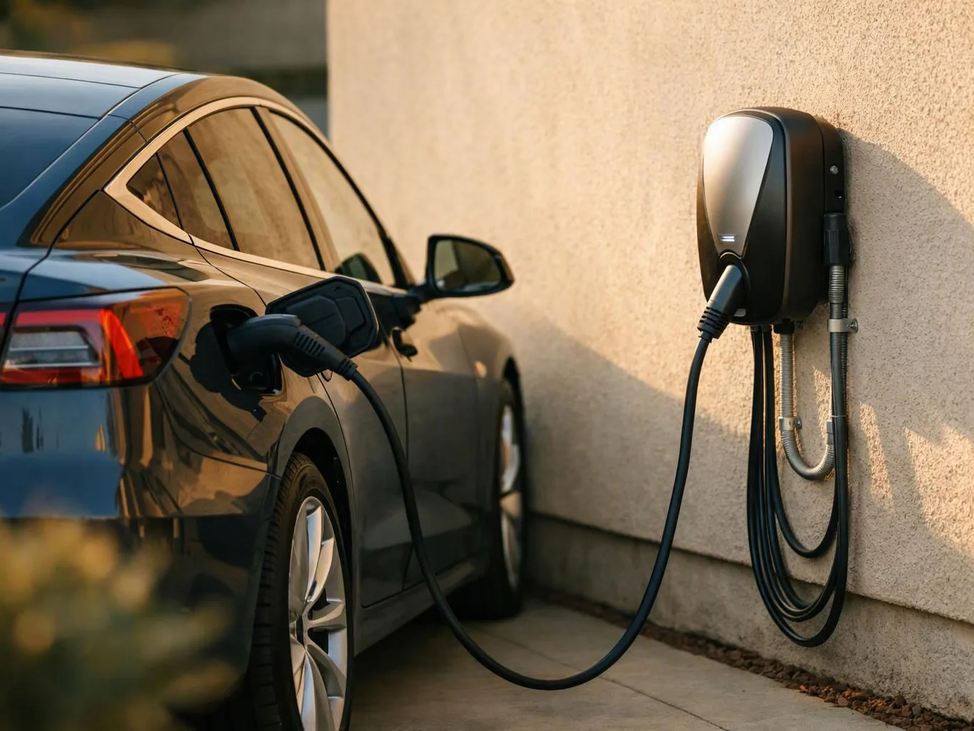 A black electric car charges beside a wall-mounted charging unit on a driveway