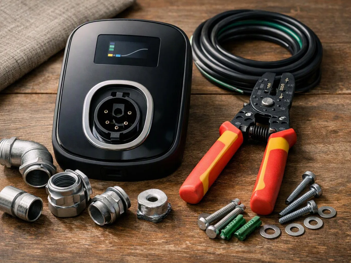 A black electrical device, coiled cable, pliers, and metal fittings are arranged on a wooden surface