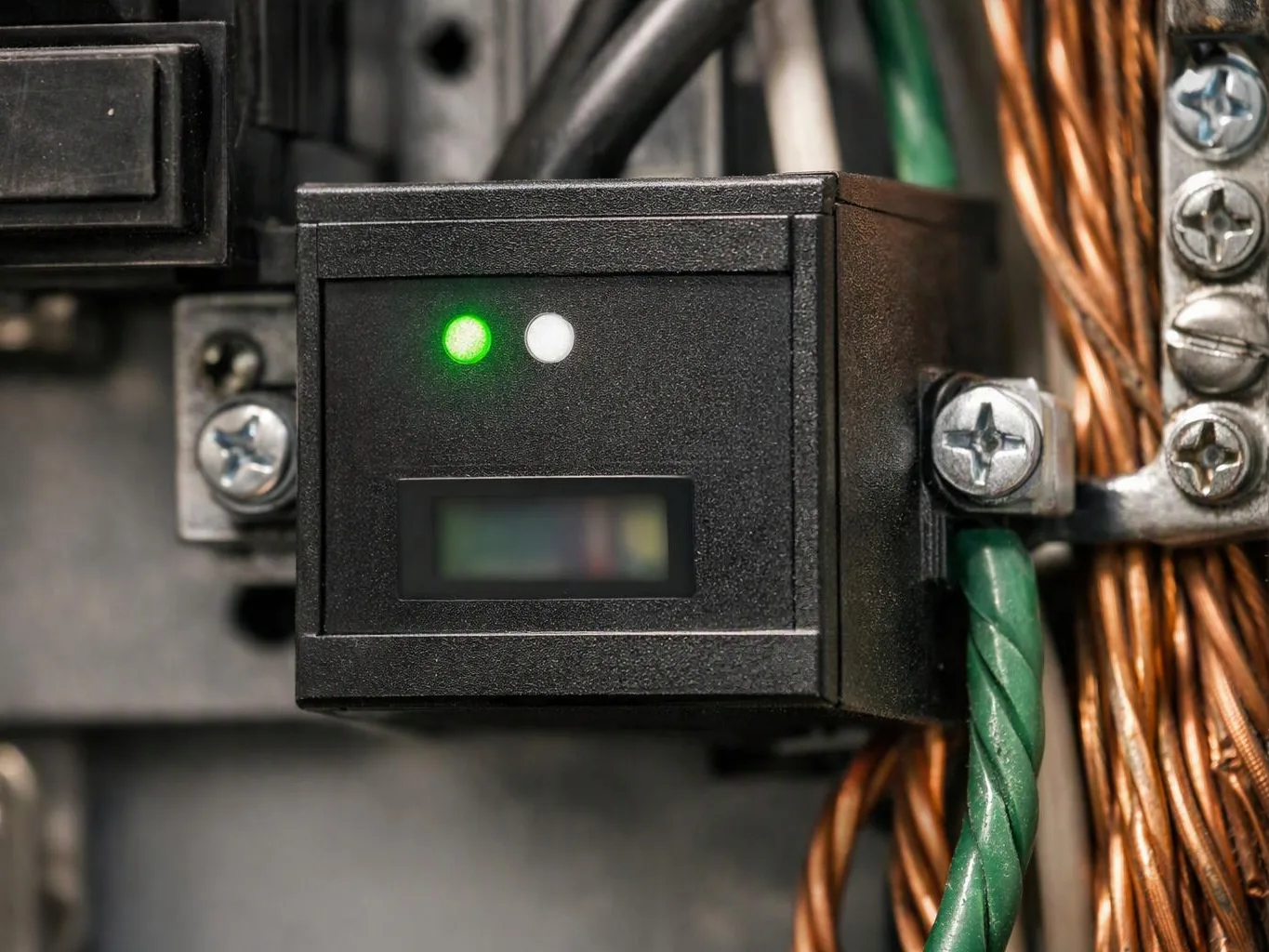 A black electronic sensor with green and white lights sits beside bundled wires and metal screws inside a panel
