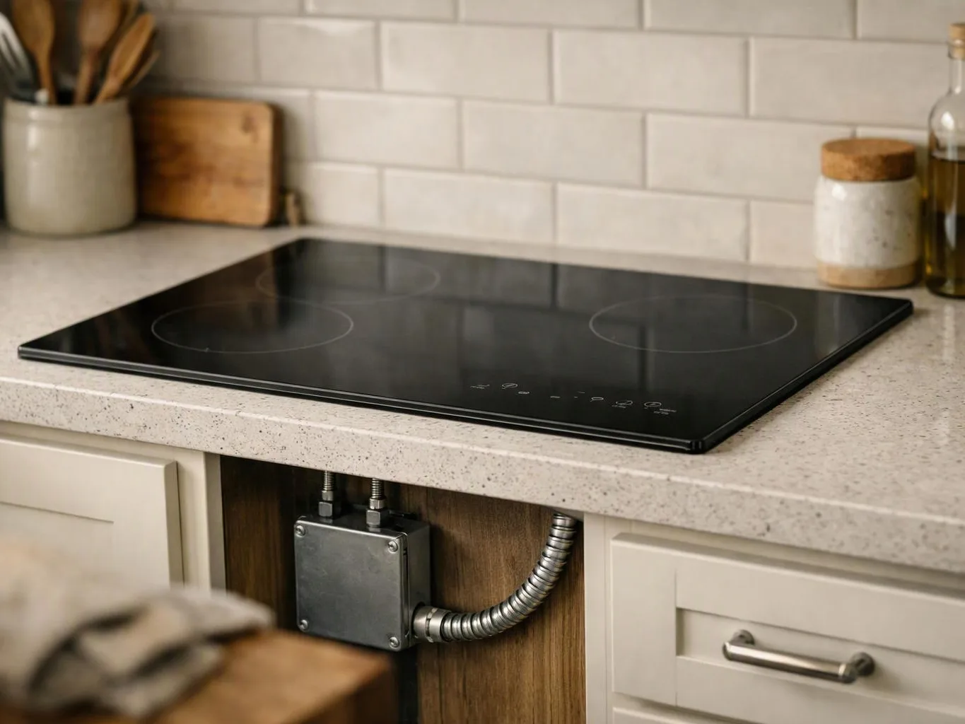 A black glass cooktop sits on a light kitchen counter, with cabinets and utensil jars around it