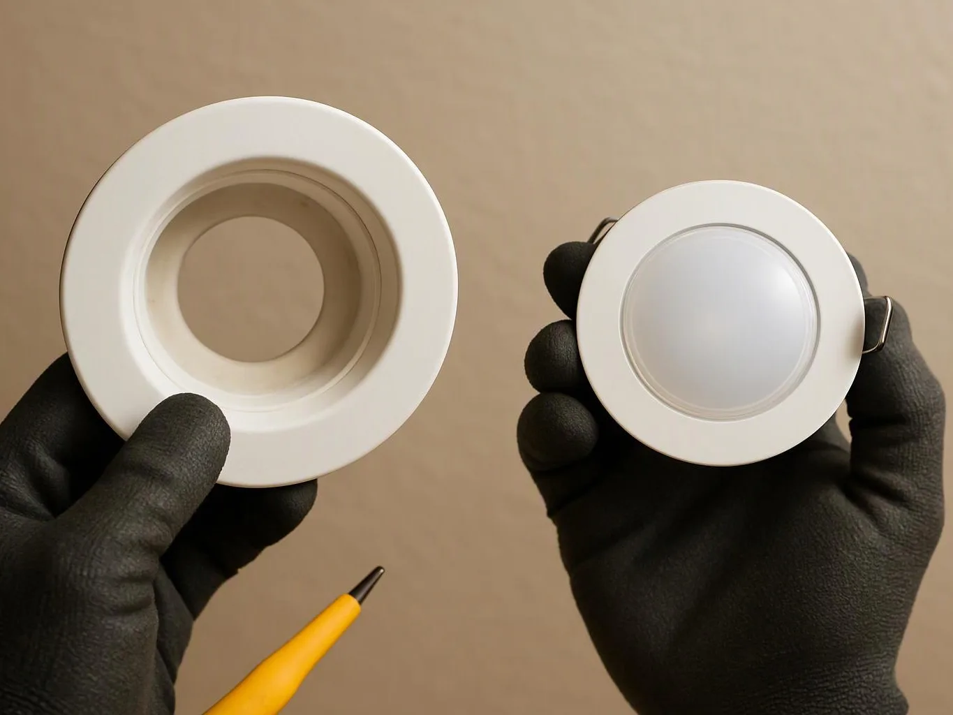 Black-gloved hands hold two white round light fixtures against a plain beige background