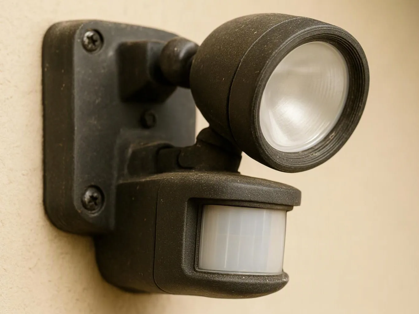 A black motion sensor security light is mounted on a beige wall