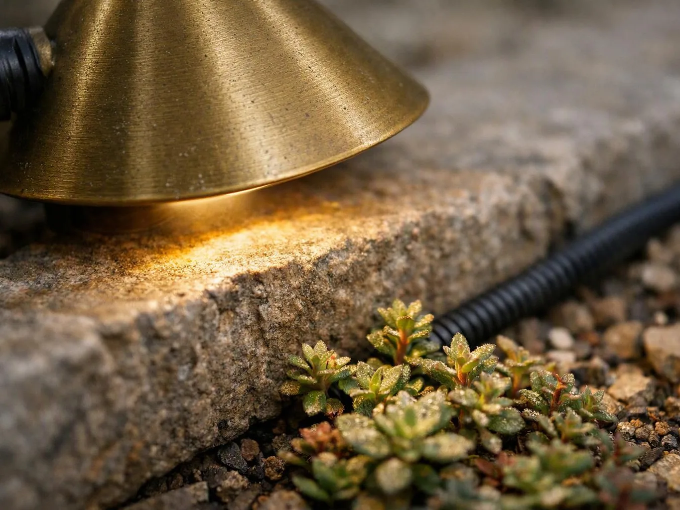 A brass landscape light shines on a stone edge beside small green plants and gravel