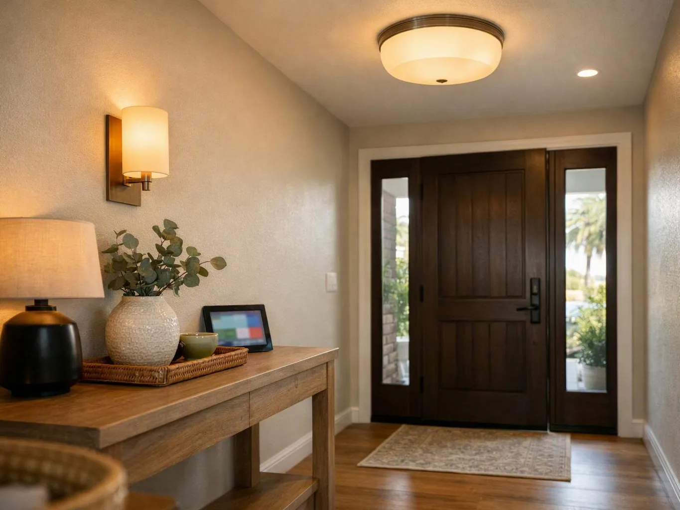 A bright entryway shows a wooden table, wall lights, and a dark front door with side windows